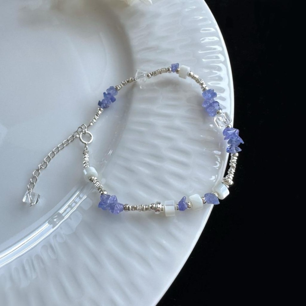 ［zoeverglow] 坦桑石x白母貝x白水晶 s925純銀手鍊｜碎銀幾兩｜柔光・靜謐・平靜 • 療癒-細節圖2