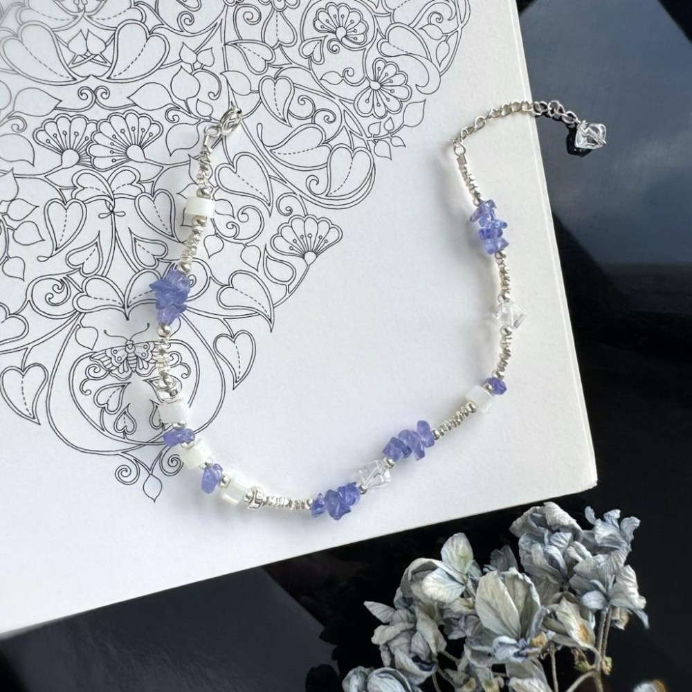 ［zoeverglow] 坦桑石x白母貝x白水晶 s925純銀手鍊｜碎銀幾兩｜柔光・靜謐・平靜 • 療癒-細節圖8