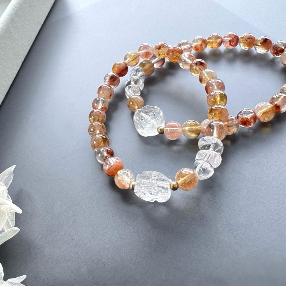 [zoeverglow] 極光幽靈黃水晶x白水晶玫瑰手串｜異象水晶 稀有共生礦｜招財 能量 守護 成長-細節圖2