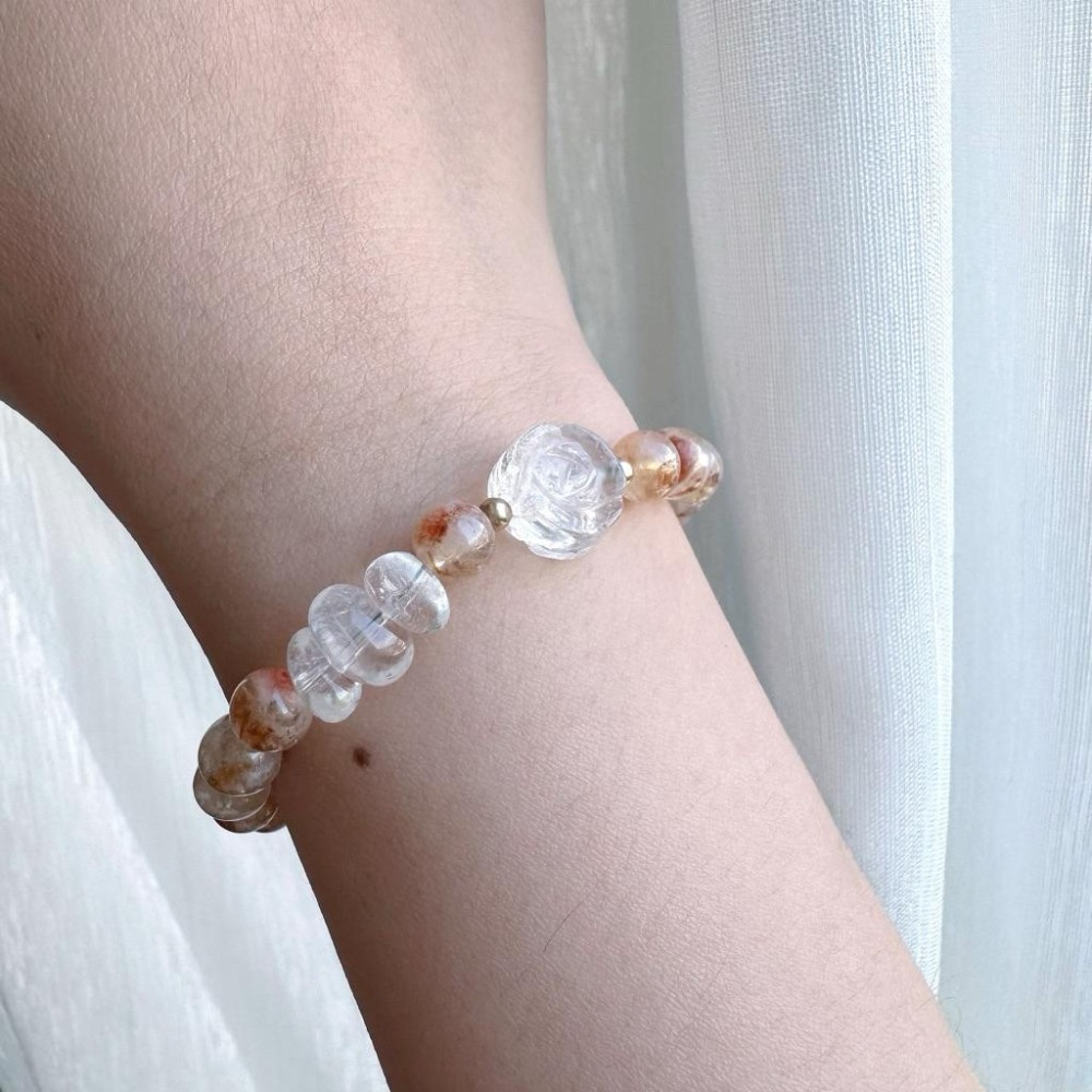 [zoeverglow] 極光幽靈黃水晶x白水晶玫瑰手串｜異象水晶 稀有共生礦｜招財 能量 守護 成長-細節圖5
