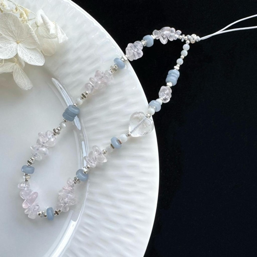 [zoeverglow] 粉晶 × 藍天使石 × 白母貝 × 心型白水晶手機掛繩｜掛飾｜清新 柔美 療癒 守護-細節圖2