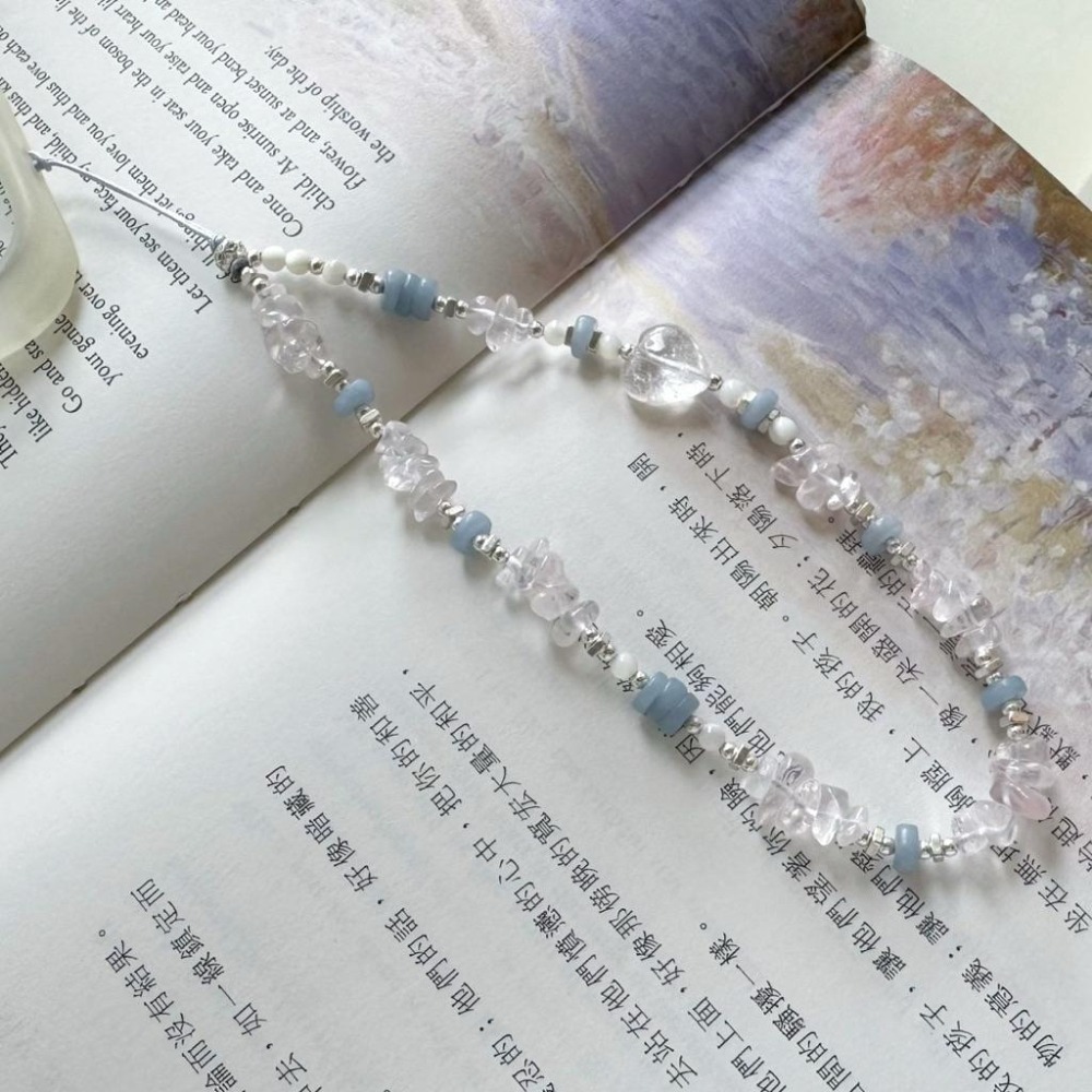 [zoeverglow] 粉晶 × 藍天使石 × 白母貝 × 心型白水晶手機掛繩｜掛飾｜清新 柔美 療癒 守護-細節圖4
