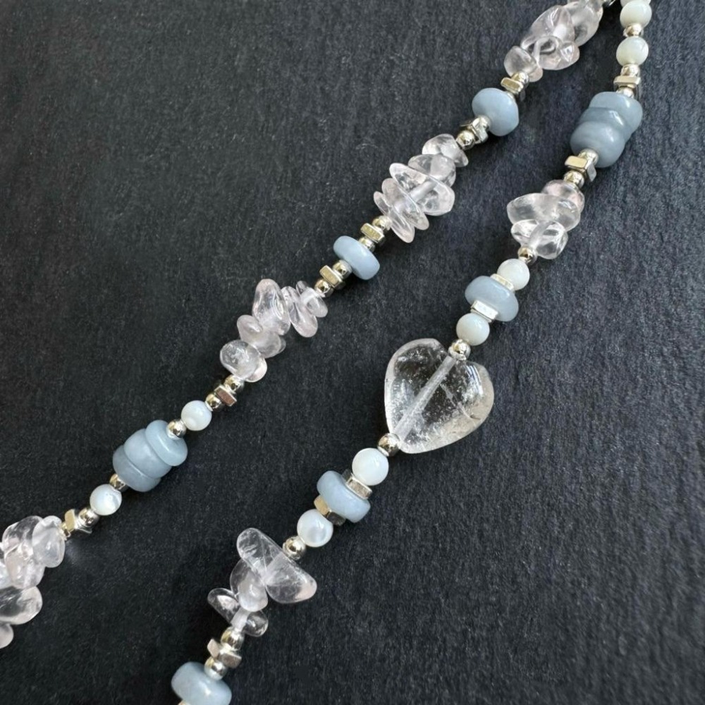 [zoeverglow] 粉晶 × 藍天使石 × 白母貝 × 心型白水晶手機掛繩｜掛飾｜清新 柔美 療癒 守護-細節圖6