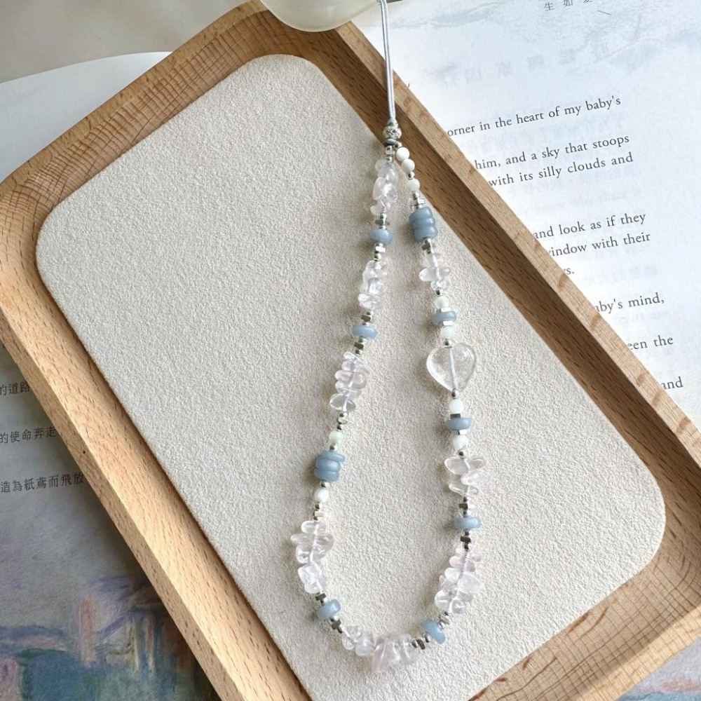 [zoeverglow] 粉晶 × 藍天使石 × 白母貝 × 心型白水晶手機掛繩｜掛飾｜清新 柔美 療癒 守護-細節圖7