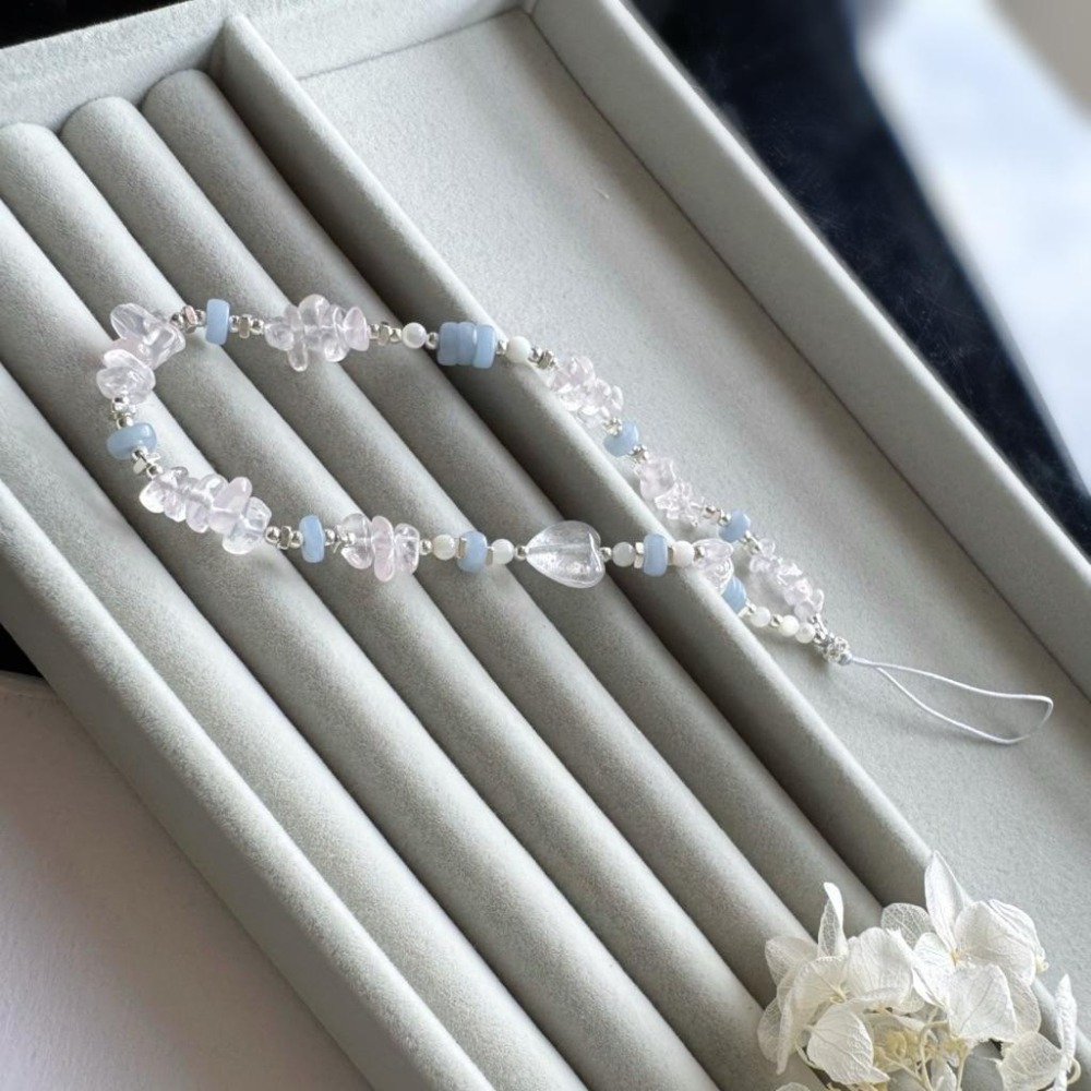 [zoeverglow] 粉晶 × 藍天使石 × 白母貝 × 心型白水晶手機掛繩｜掛飾｜清新 柔美 療癒 守護-細節圖8