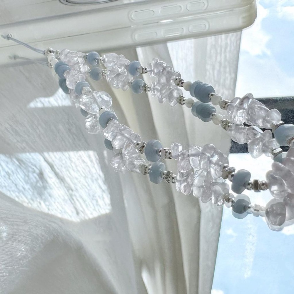 [zoeverglow] 粉晶 × 藍天使石 × 白母貝 × 心型白水晶手機掛繩｜掛飾｜清新 柔美 療癒 守護-細節圖9