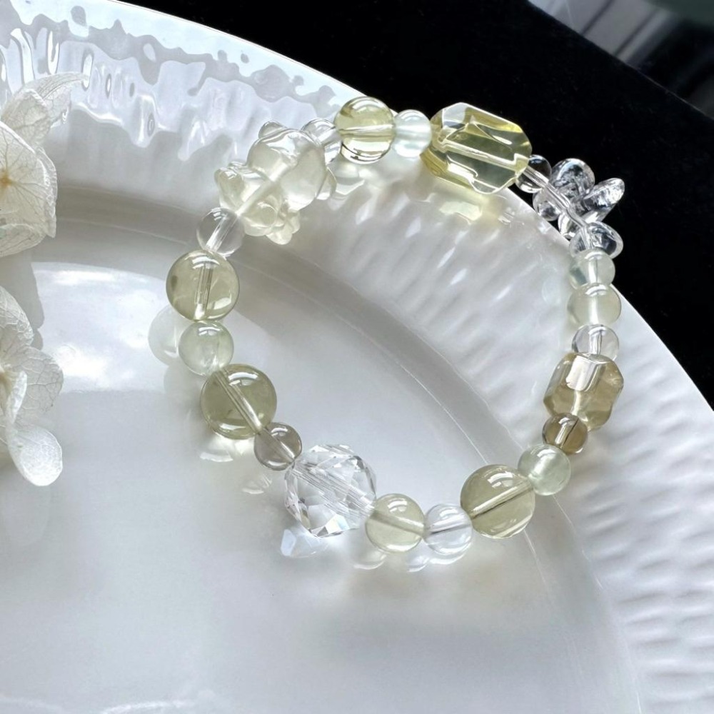 ［zoeverglow] 竹葉青x檸檬黃水晶熊熊x葡萄石x白水晶手串｜魔晶宙斯 全水晶款｜財運 守護 安定 清新 療癒-細節圖4