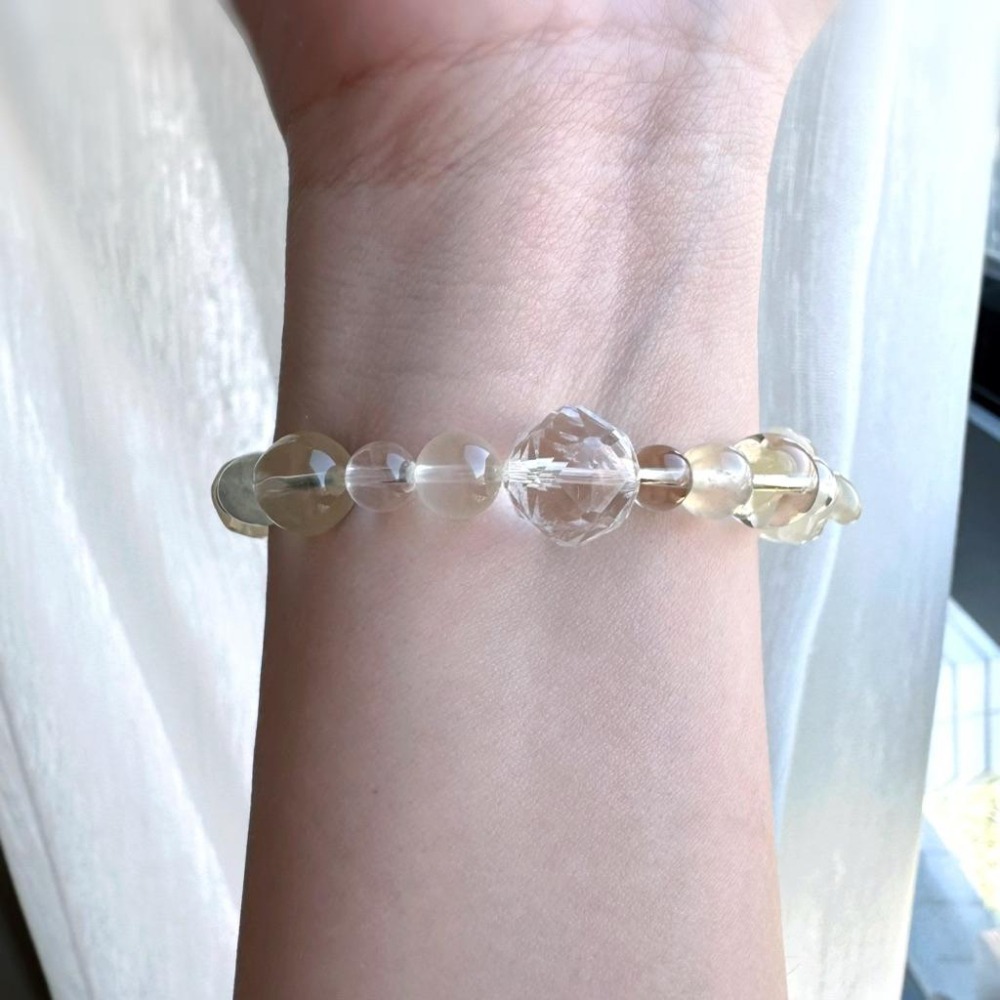 ［zoeverglow] 竹葉青x檸檬黃水晶熊熊x葡萄石x白水晶手串｜魔晶宙斯 全水晶款｜財運 守護 安定 清新 療癒-細節圖8