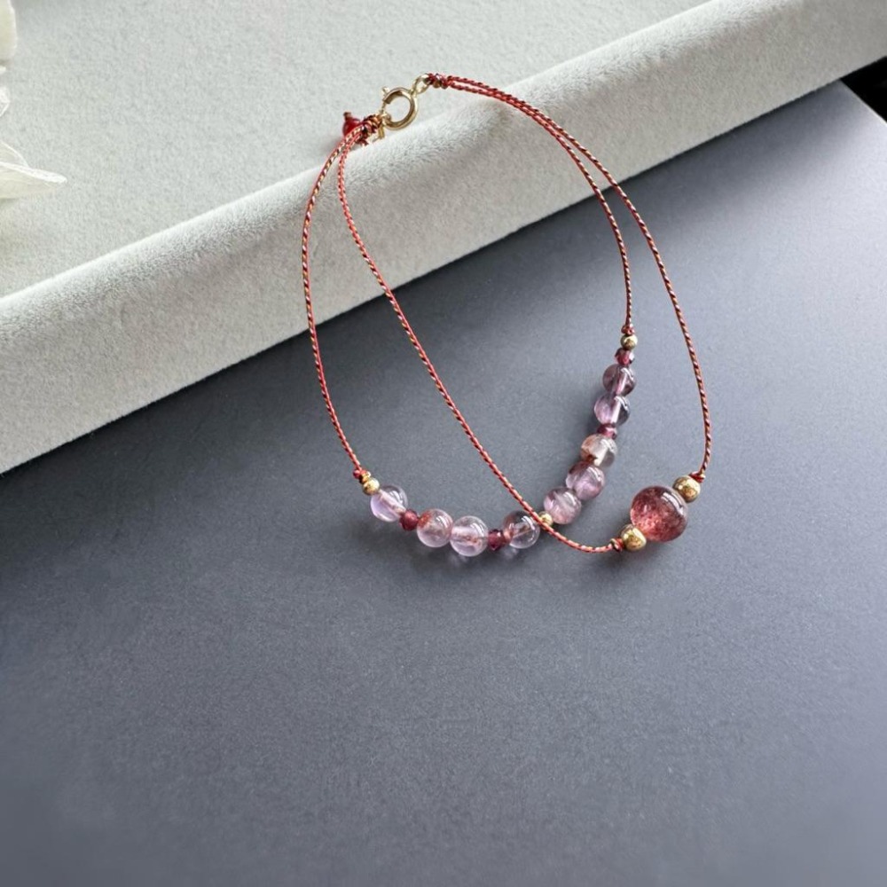 [zoeverglow] 草莓晶x紫幽靈x石榴石 五色線手繩｜14kgf 極細 紅繩 本命年 ｜九紫離火 雙層手鍊-細節圖2