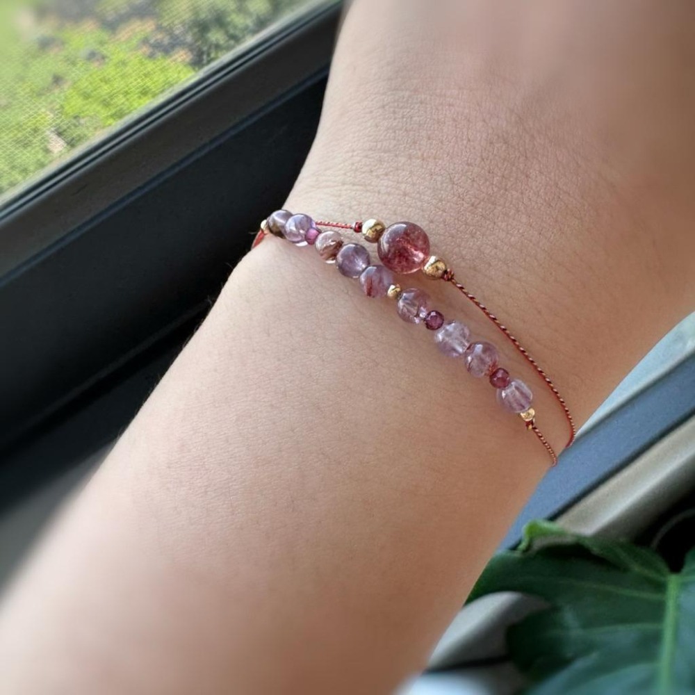 [zoeverglow] 草莓晶x紫幽靈x石榴石 五色線手繩｜14kgf 極細 紅繩 本命年 ｜九紫離火 雙層手鍊-細節圖6