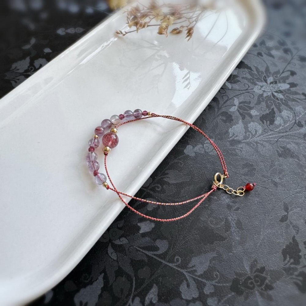 [zoeverglow] 草莓晶x紫幽靈x石榴石 五色線手繩｜14kgf 極細 紅繩 本命年 ｜九紫離火 雙層手鍊-細節圖7
