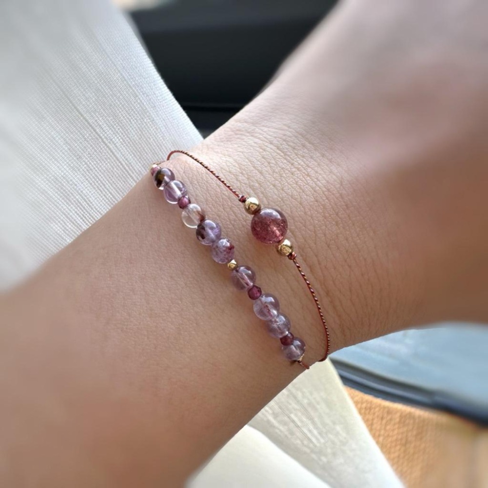 [zoeverglow] 草莓晶x紫幽靈x石榴石 五色線手繩｜14kgf 極細 紅繩 本命年 ｜九紫離火 雙層手鍊-細節圖8