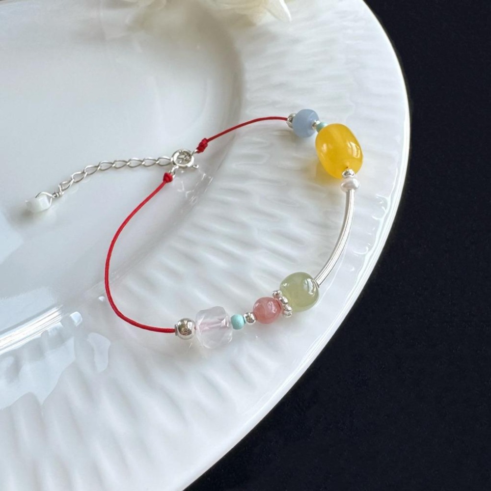 [zoeverglow] 蜜蠟桶珠x和田玉s925純銀紅繩手鍊｜綠松 紅紋 瑪瑙 珍珠 藍天使石｜聚財 淨化 避邪保平安-細節圖2