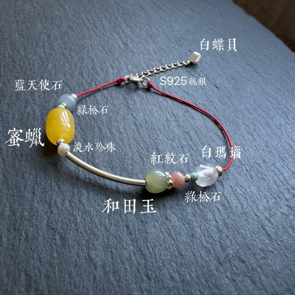 [zoeverglow] 蜜蠟桶珠x和田玉s925純銀紅繩手鍊｜綠松 紅紋 瑪瑙 珍珠 藍天使石｜聚財 淨化 避邪保平安-細節圖4