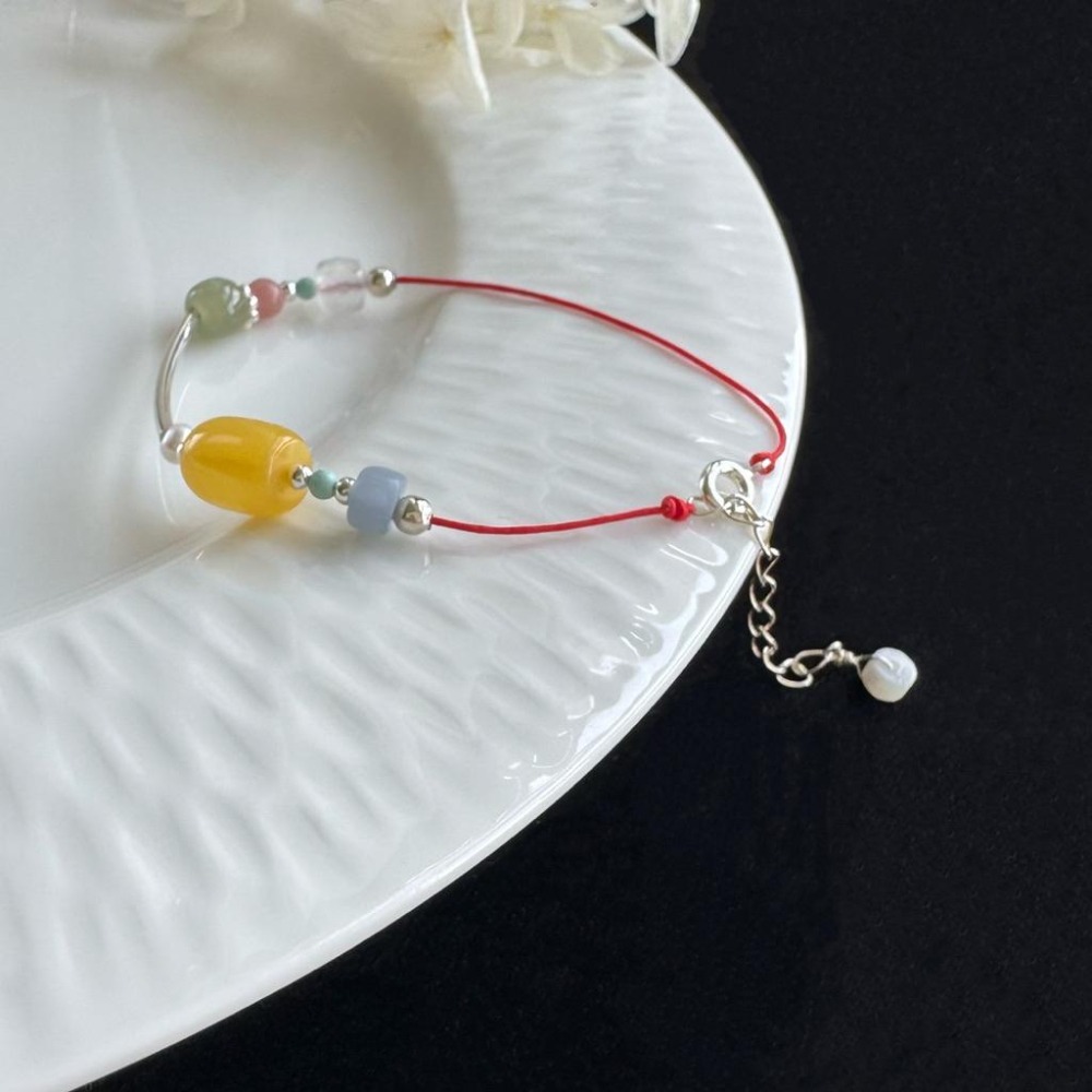 [zoeverglow] 蜜蠟桶珠x和田玉s925純銀紅繩手鍊｜綠松 紅紋 瑪瑙 珍珠 藍天使石｜聚財 淨化 避邪保平安-細節圖9