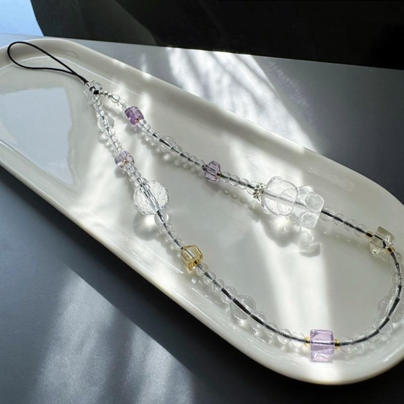 [zoeverglow]白水晶熊熊 手機掛繩｜紫、黃水晶｜淨化 智慧 自信 透明感-細節圖3