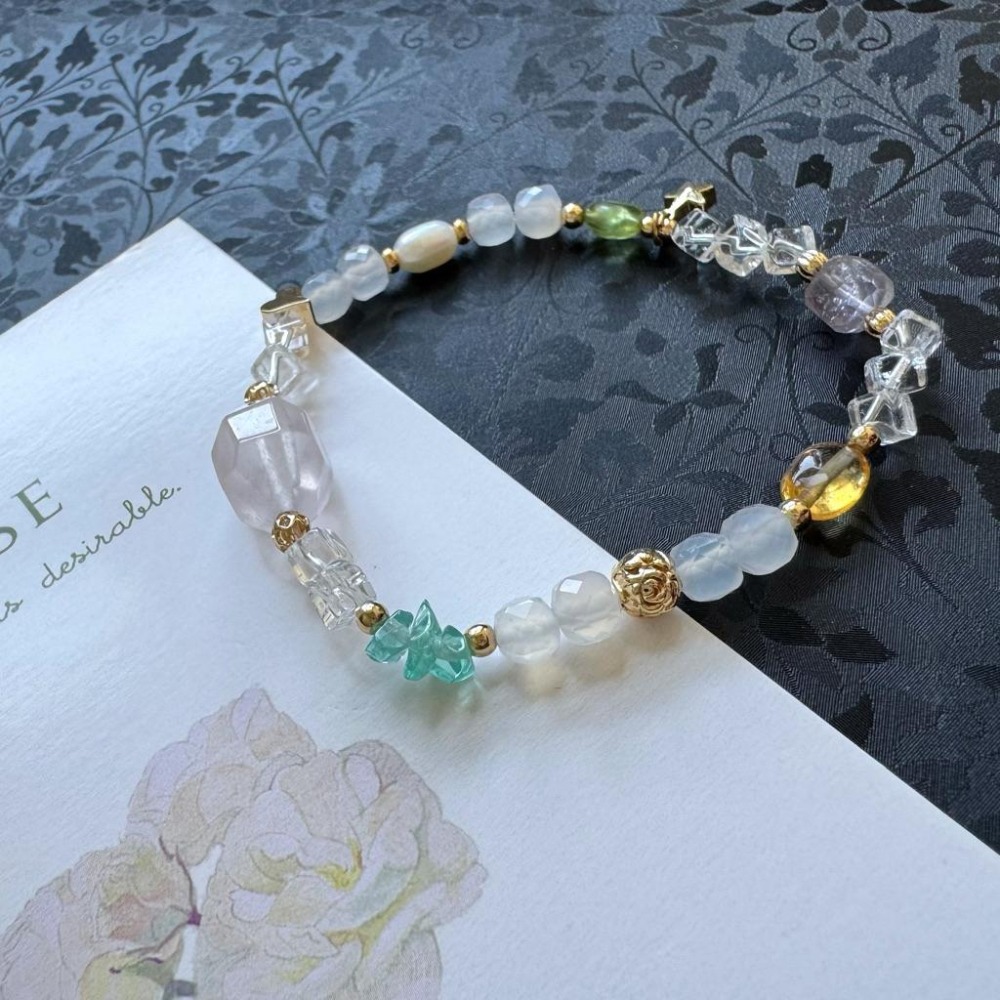 [zoeverglow] 粉晶x藍磷灰x黃水晶x珍珠手串｜帕拉依巴藍 霓虹藍 多巴胺｜智慧 好人緣-細節圖2
