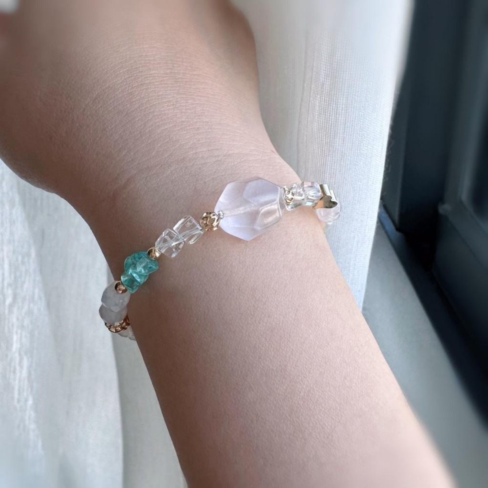 [zoeverglow] 粉晶x藍磷灰x黃水晶x珍珠手串｜帕拉依巴藍 霓虹藍 多巴胺｜智慧 好人緣-細節圖3