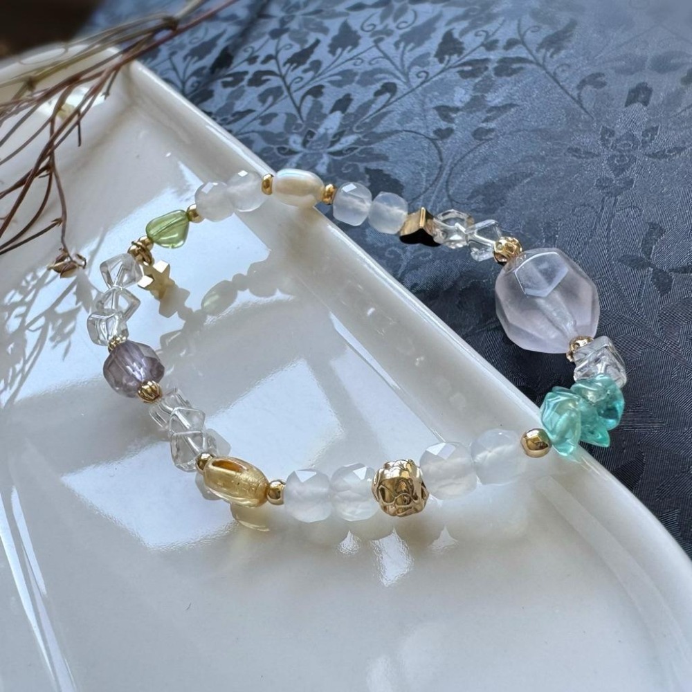 [zoeverglow] 粉晶x藍磷灰x黃水晶x珍珠手串｜帕拉依巴藍 霓虹藍 多巴胺｜智慧 好人緣-細節圖4