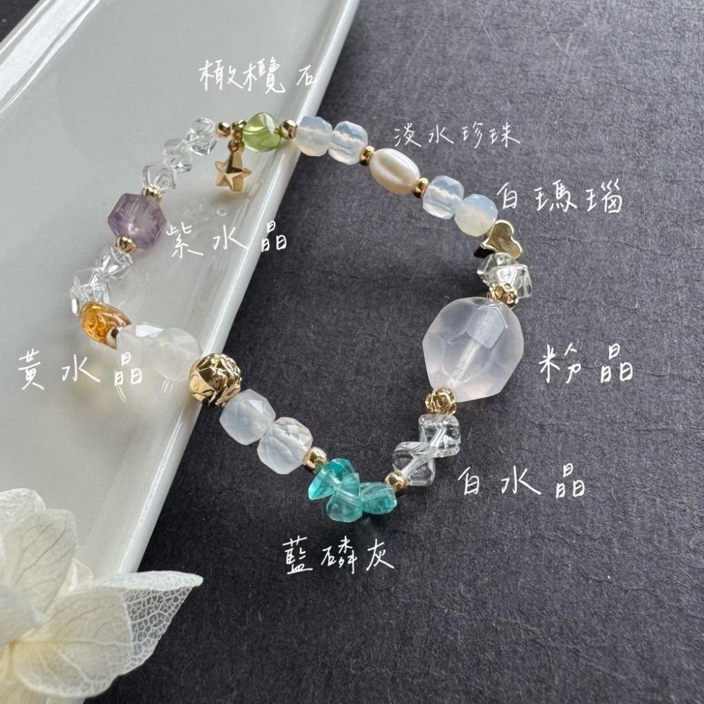 [zoeverglow] 粉晶x藍磷灰x黃水晶x珍珠手串｜帕拉依巴藍 霓虹藍 多巴胺｜智慧 好人緣-細節圖5