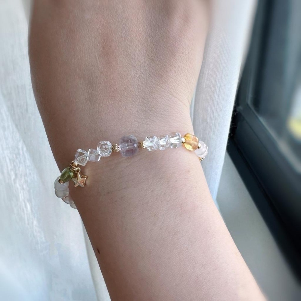 [zoeverglow] 粉晶x藍磷灰x黃水晶x珍珠手串｜帕拉依巴藍 霓虹藍 多巴胺｜智慧 好人緣-細節圖6