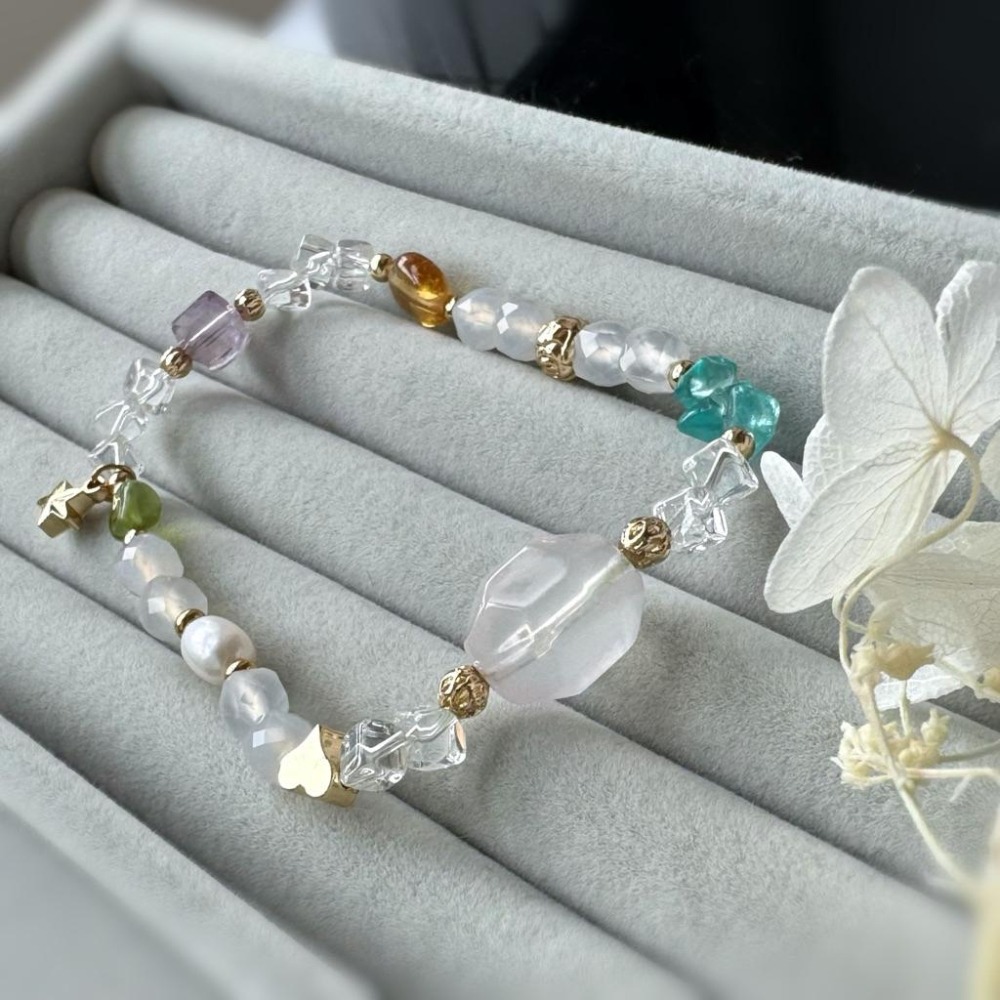 [zoeverglow] 粉晶x藍磷灰x黃水晶x珍珠手串｜帕拉依巴藍 霓虹藍 多巴胺｜智慧 好人緣-細節圖7