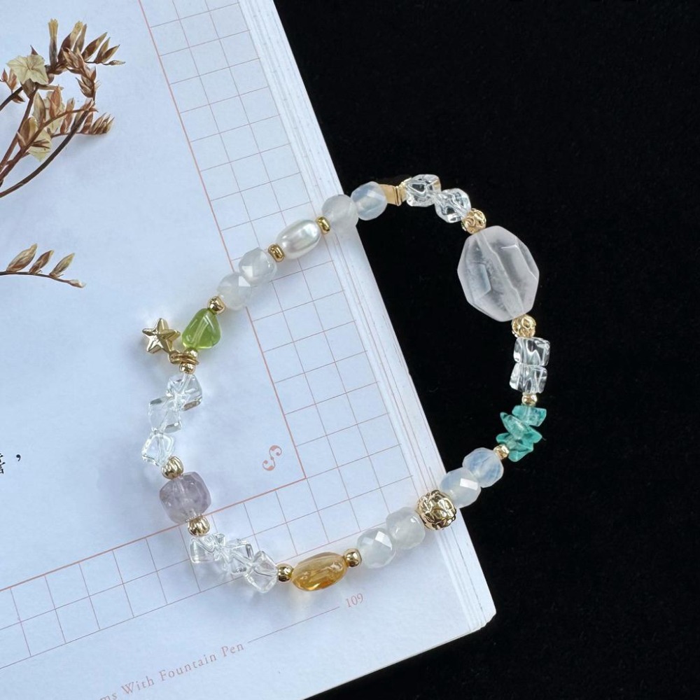 [zoeverglow] 粉晶x藍磷灰x黃水晶x珍珠手串｜帕拉依巴藍 霓虹藍 多巴胺｜智慧 好人緣-細節圖9