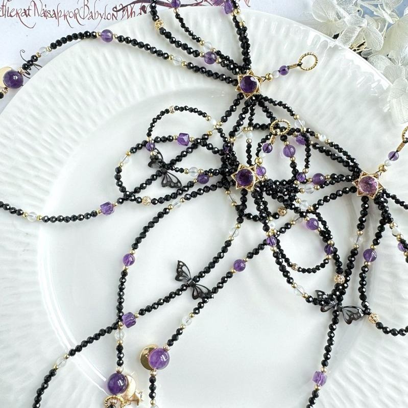 [zoeverglow]紫水晶x黑尖晶x藍月光x白母貝 手機掛繩｜六芒星 蝴蝶結 暗黑風-細節圖2