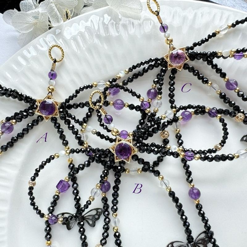 [zoeverglow]紫水晶x黑尖晶x藍月光x白母貝 手機掛繩｜六芒星 蝴蝶結 暗黑風-細節圖3