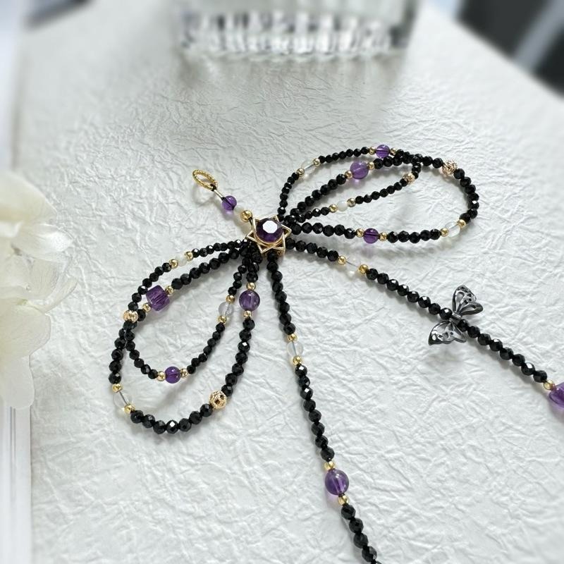 [zoeverglow]紫水晶x黑尖晶x藍月光x白母貝 手機掛繩｜六芒星 蝴蝶結 暗黑風-細節圖4