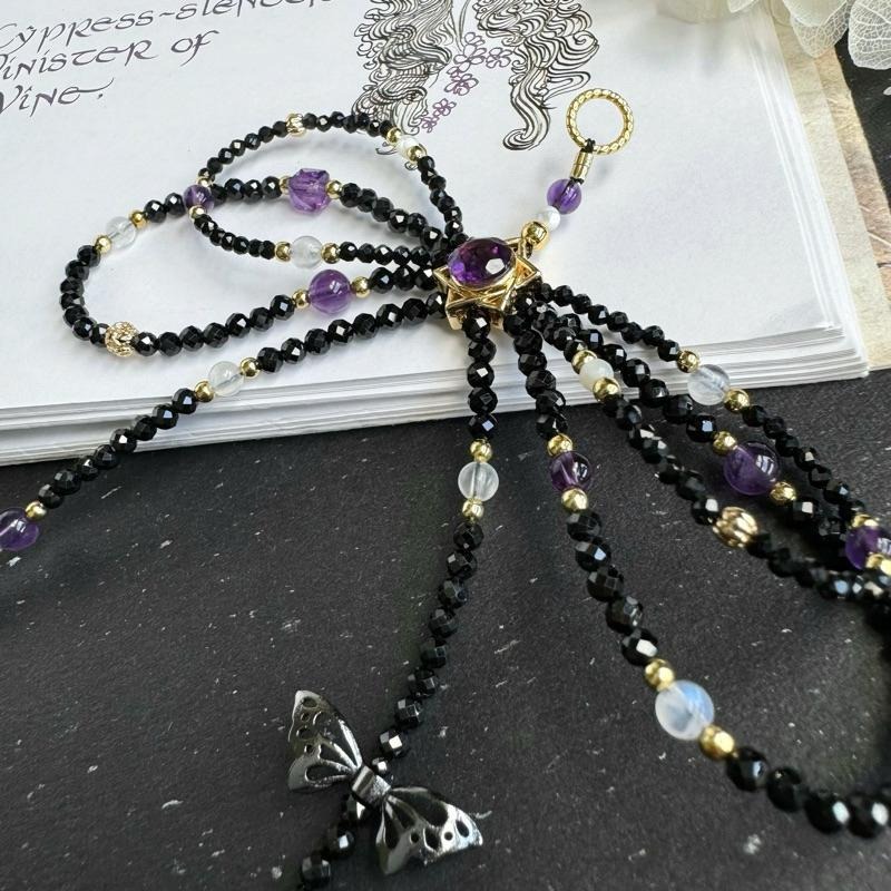[zoeverglow]紫水晶x黑尖晶x藍月光x白母貝 手機掛繩｜六芒星 蝴蝶結 暗黑風-細節圖5