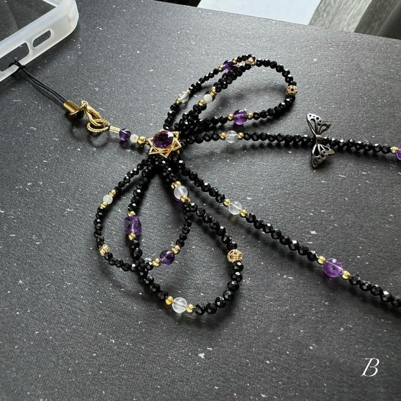 [zoeverglow]紫水晶x黑尖晶x藍月光x白母貝 手機掛繩｜六芒星 蝴蝶結 暗黑風-細節圖6