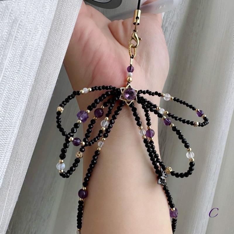 [zoeverglow]紫水晶x黑尖晶x藍月光x白母貝 手機掛繩｜六芒星 蝴蝶結 暗黑風-細節圖7