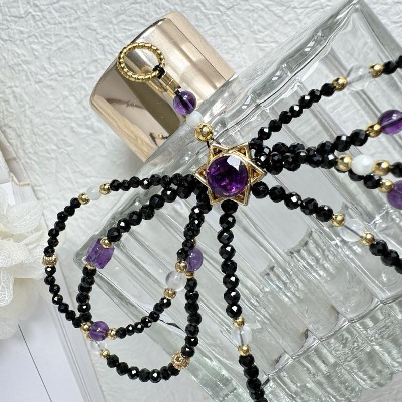 [zoeverglow]紫水晶x黑尖晶x藍月光x白母貝 手機掛繩｜六芒星 蝴蝶結 暗黑風-細節圖8