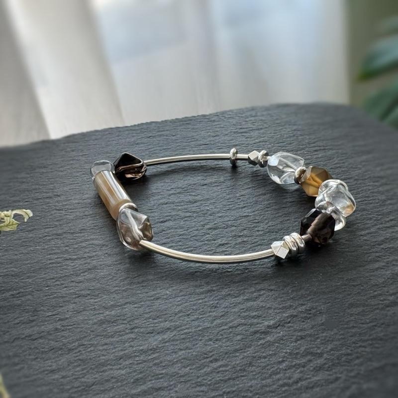[zoeverglow] 咖瑪瑙x白水晶x茶水晶x冰曜石 彈力繩手環｜淨化 護身 平安｜大地色系 美拉德-細節圖2