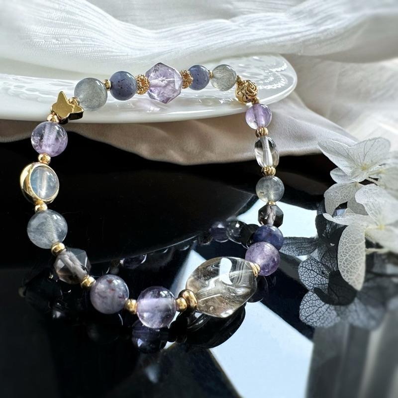 ［zoeverglow] 茶水晶x血滴菫青石x紫水晶x藍月光x冰曜石x灰月光 手串｜守護 自信 莫蘭迪 淡雅風-細節圖7