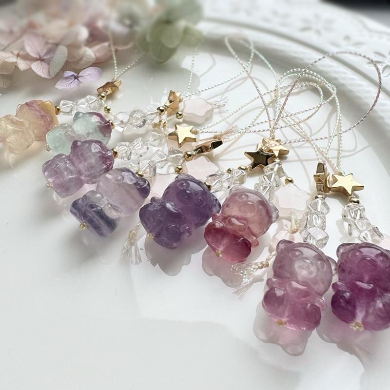 [zoeverglow]螢石熊熊x粉晶星星x白水晶手機吊飾｜掛飾 ｜萌萌可愛 有瑕優惠-細節圖2