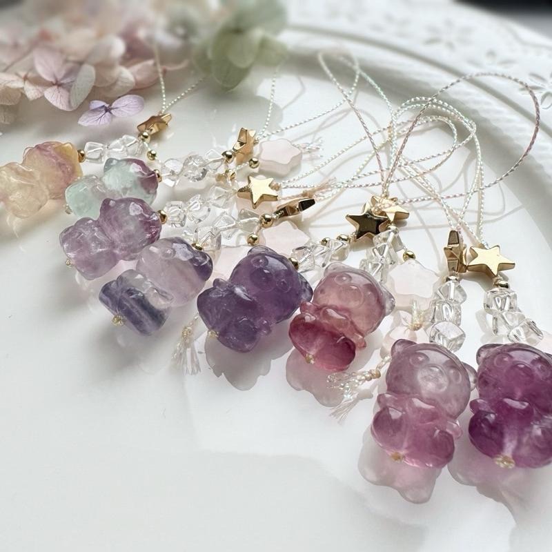 [zoeverglow]螢石熊熊x粉晶星星x白水晶手機吊飾｜掛飾 ｜萌萌可愛 有瑕優惠-細節圖2