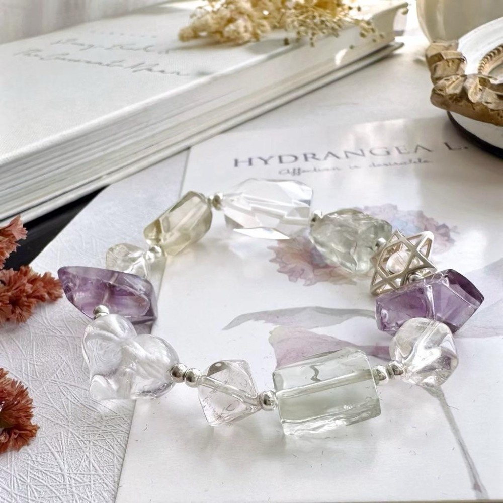 [zoeverglow] < 冰川心星 >綠水晶x白水晶x竹葉青黃水晶x紫水晶s925手串｜屁桃愛心 大水晶 透明系-細節圖4