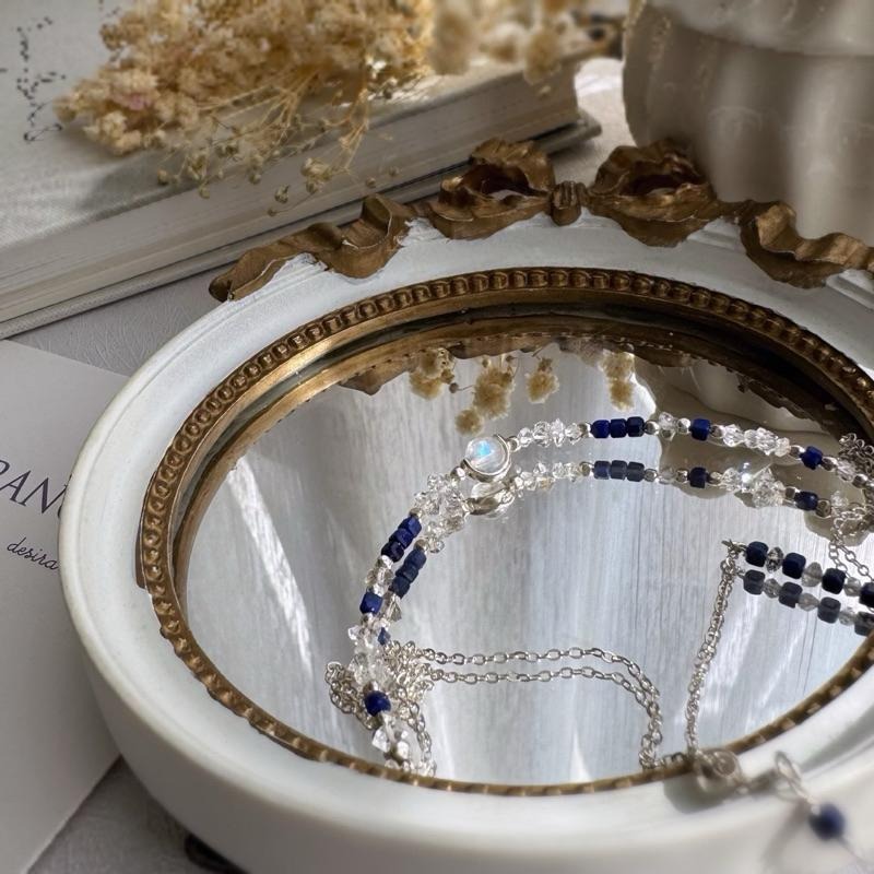 [zoeverglow]原創月光石x閃靈鑽x青金石 s925純銀頸鍊 l 淨化心靈 洞察力 思緒清晰-細節圖2