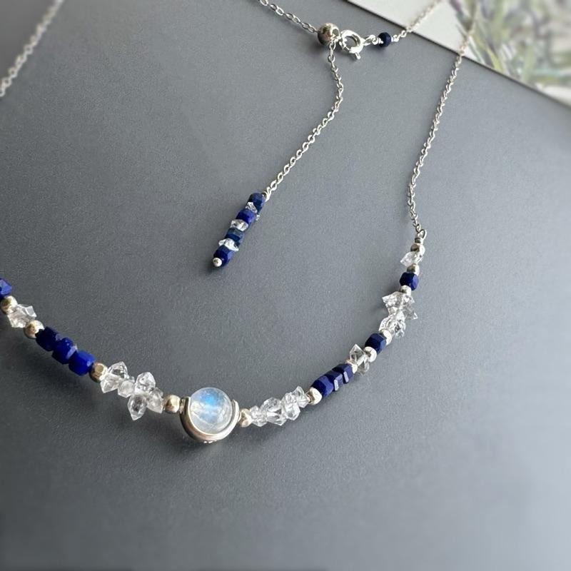 [zoeverglow]原創月光石x閃靈鑽x青金石 s925純銀頸鍊 l 淨化心靈 洞察力 思緒清晰-細節圖3