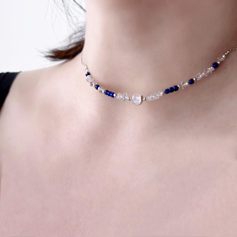 [zoeverglow]原創月光石x閃靈鑽x青金石 s925純銀頸鍊 l 淨化心靈 洞察力 思緒清晰-細節圖4