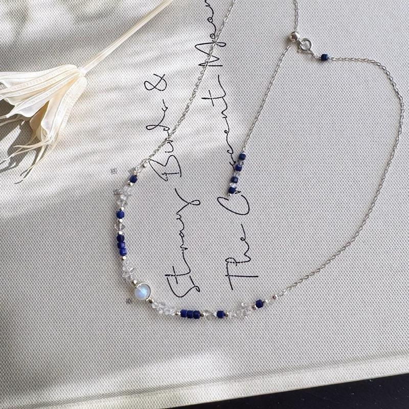 [zoeverglow]原創月光石x閃靈鑽x青金石 s925純銀頸鍊 l 淨化心靈 洞察力 思緒清晰-細節圖5