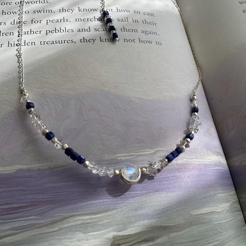 [zoeverglow]原創月光石x閃靈鑽x青金石 s925純銀頸鍊 l 淨化心靈 洞察力 思緒清晰-細節圖7