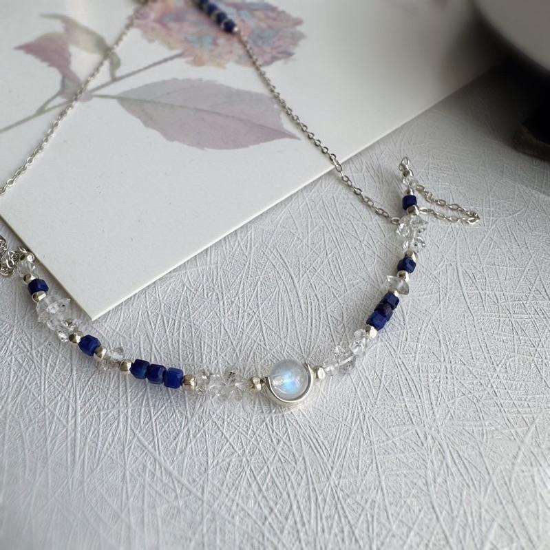 [zoeverglow]原創月光石x閃靈鑽x青金石 s925純銀頸鍊 l 淨化心靈 洞察力 思緒清晰-細節圖9