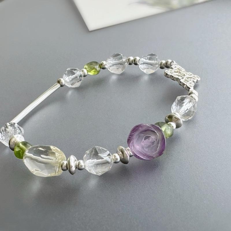 [zoeverglow] < 晨曦紫陌 >原創紫水晶玫瑰x白水晶x黃水晶x橄欖石 s925純銀手串|透明系 智慧-細節圖6