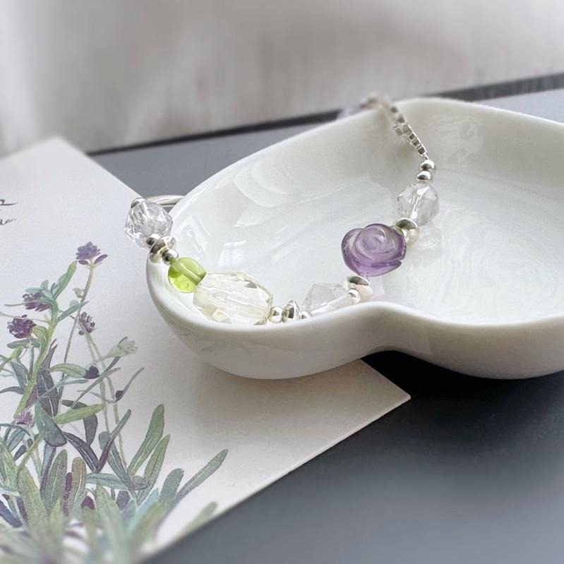[zoeverglow] < 晨曦紫陌 >原創紫水晶玫瑰x白水晶x黃水晶x橄欖石 s925純銀手串|透明系 智慧-細節圖7