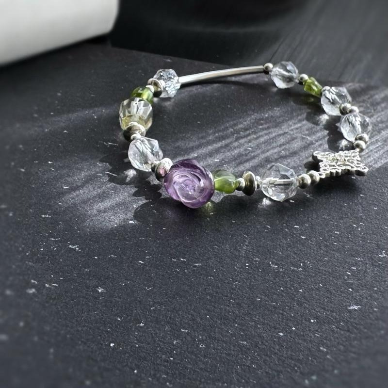 [zoeverglow] < 晨曦紫陌 >原創紫水晶玫瑰x白水晶x黃水晶x橄欖石 s925純銀手串|透明系 智慧-細節圖9