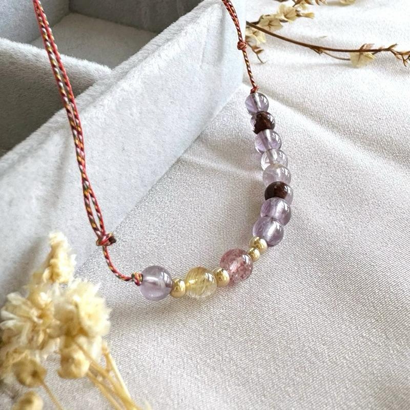 [zoeverglow] < 紫•離火 >紫幽靈x金髮晶x草莓晶五色線手繩｜14kgf 九紫離火 祈福 紅繩 本命年-細節圖4