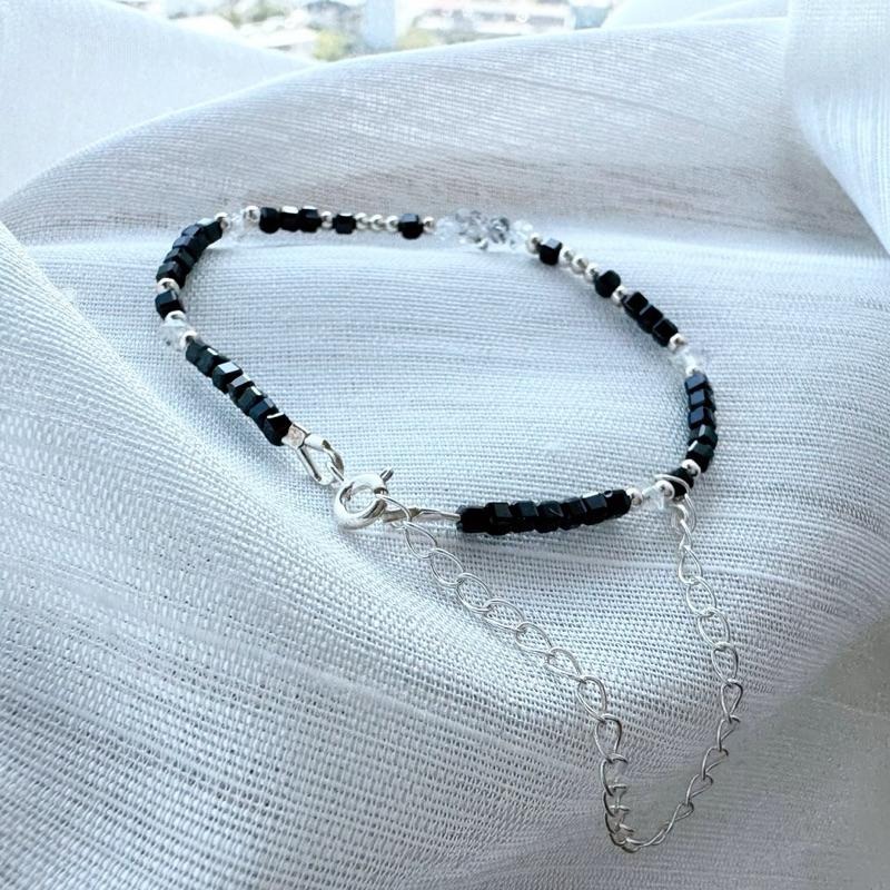 [zoeverglow]原創閃靈鑽x黑尖晶方塊 s925純銀手鍊 l 淨化 保護-細節圖6